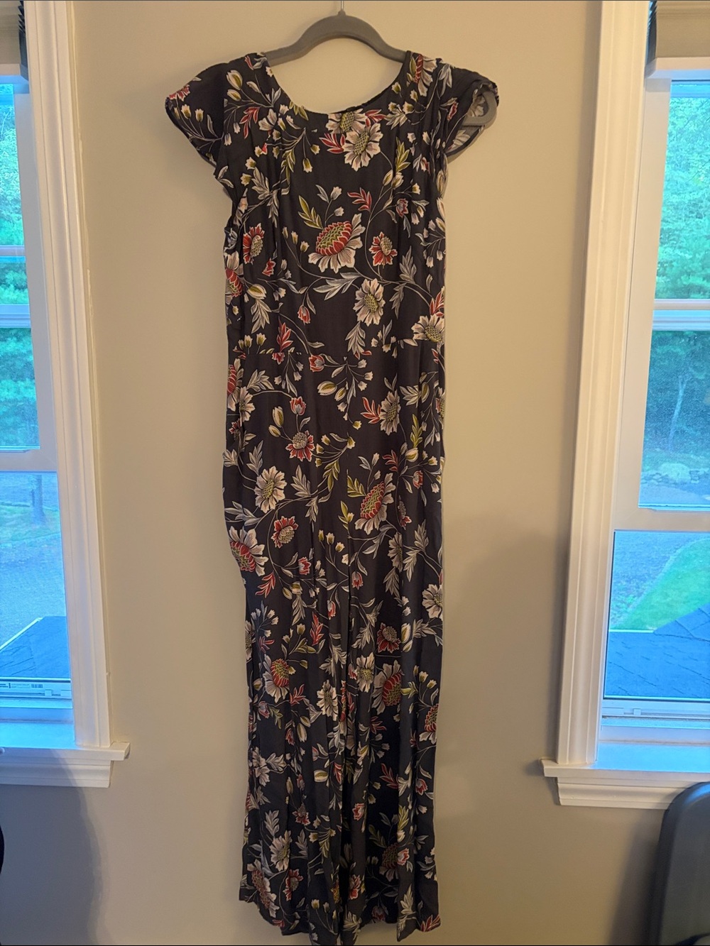 LOFT Black Floral Jumpsuit with Cap Sleeves